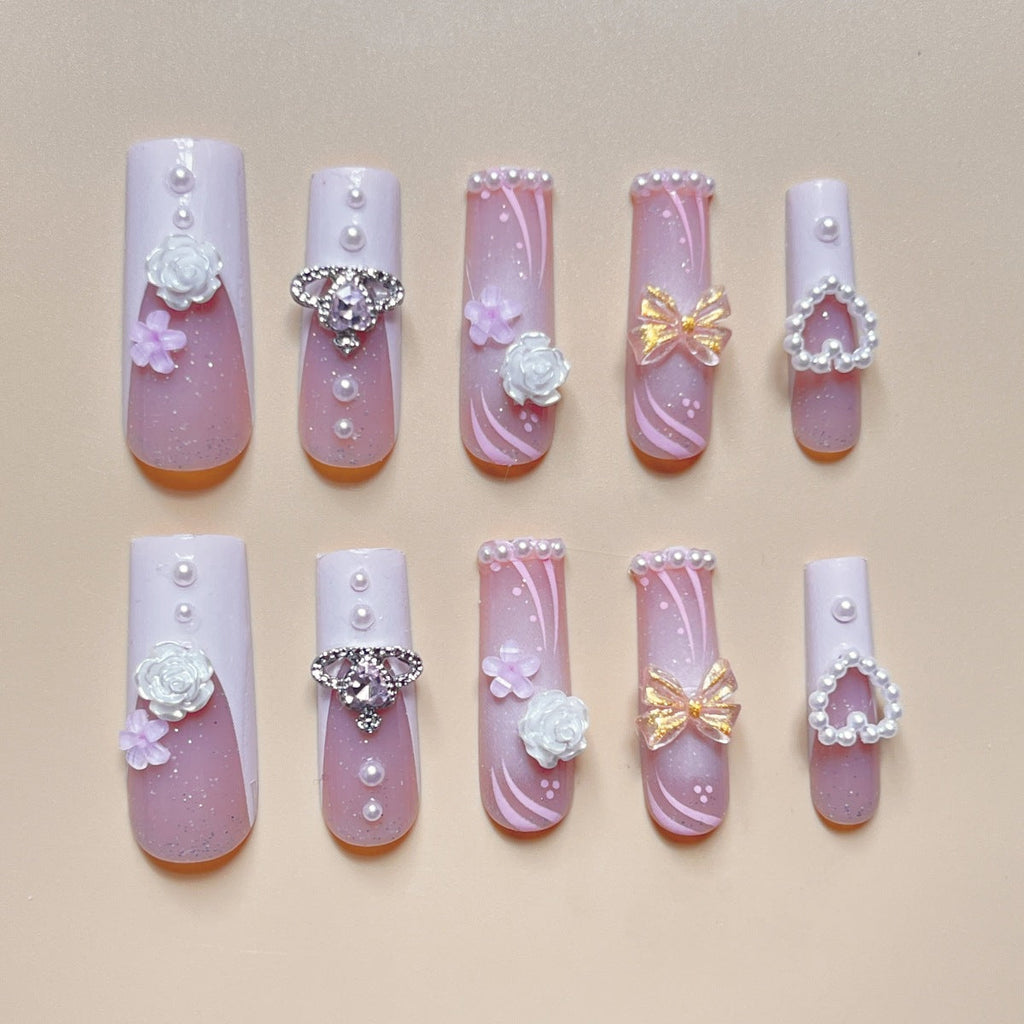 24 Faux Ongles Carrés Longs – Fleurs, Cœurs, Nœuds &amp; Étoiles, Style Ins Luxe 💅✨ Yiwu Ruijia Auto Supplies Co., Ltd.