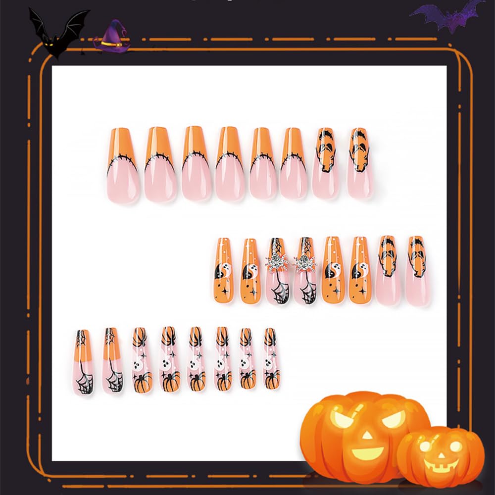 Kit de 24 Faux Ongles Halloween – Acrylique, Formes Amande, Ballerine, Citrouille, Chauve-Souris, Fantôme et Araignée 🎃👻🕷️ Yiwu Ruijia Auto Supplies Co., Ltd.