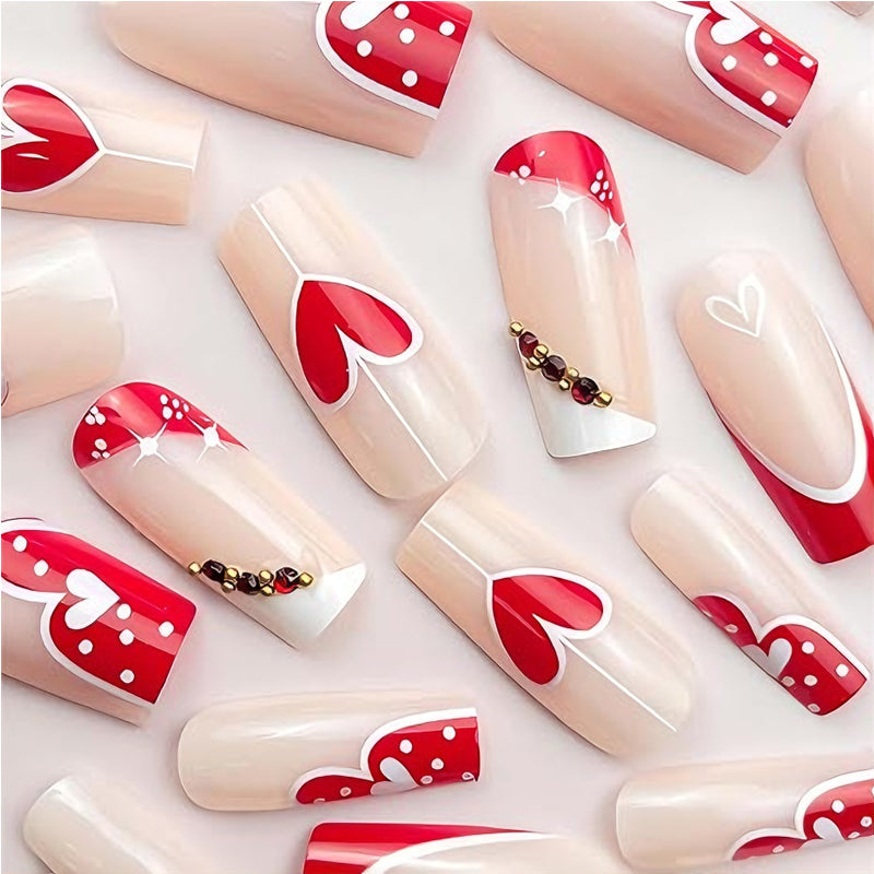 Kit de 24 Faux Ongles Rouges et Blancs en Forme de Cœur – Longs, Épais et Bout Carré ❤️💅 Yiwu Ruijia Auto Supplies Co., Ltd.