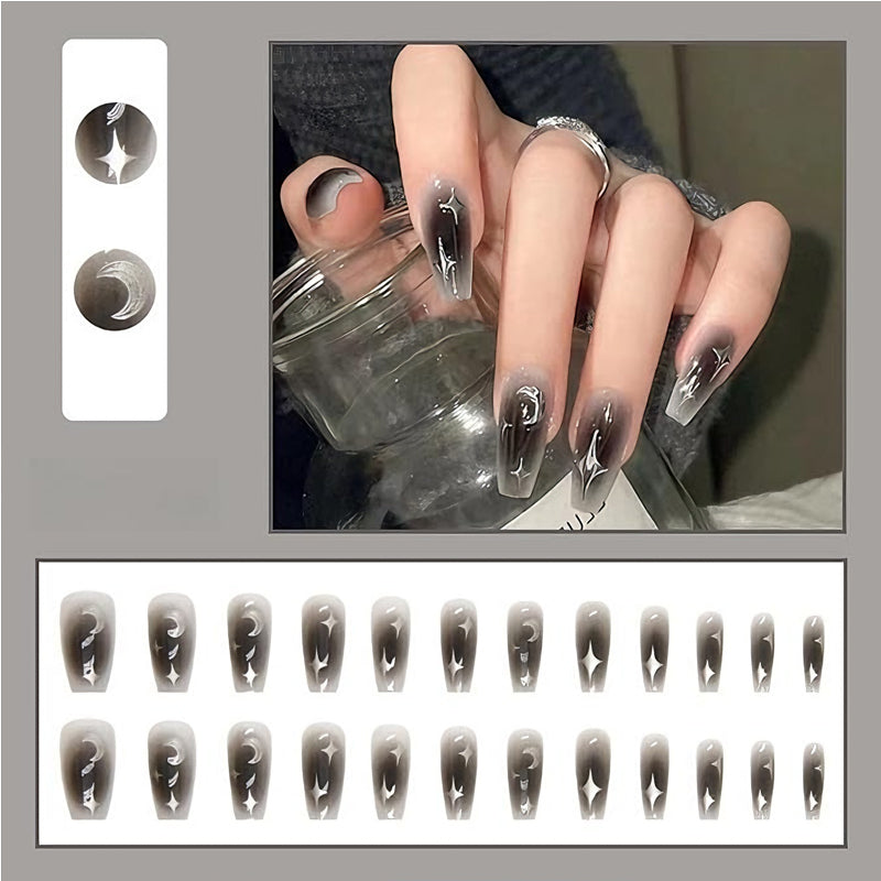 Kit de 24 Faux Ongles Noirs et Argentés à Motif Étoiles – Longs, Épais et Bout Carré 🌟💅 Yiwu Ruijia Auto Supplies Co., Ltd.