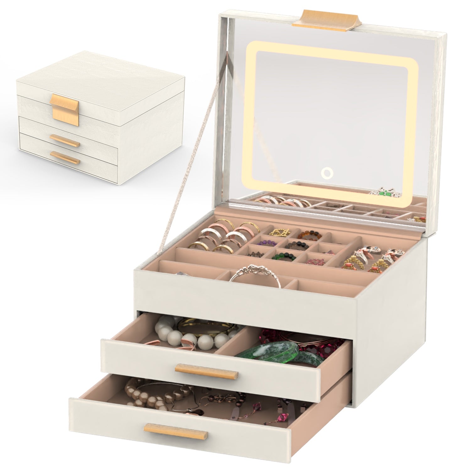 Set Boîte à Bijoux avec Miroir LED – Organisateur 3 Niveaux avec 2 Tiroirs, PU, Lumière Dimmable 3 Couleurs pour Boucles d’Oreilles, Bagues, Bracelets et Colliers Yiwu Ruijia Auto Supplies Co., Ltd.