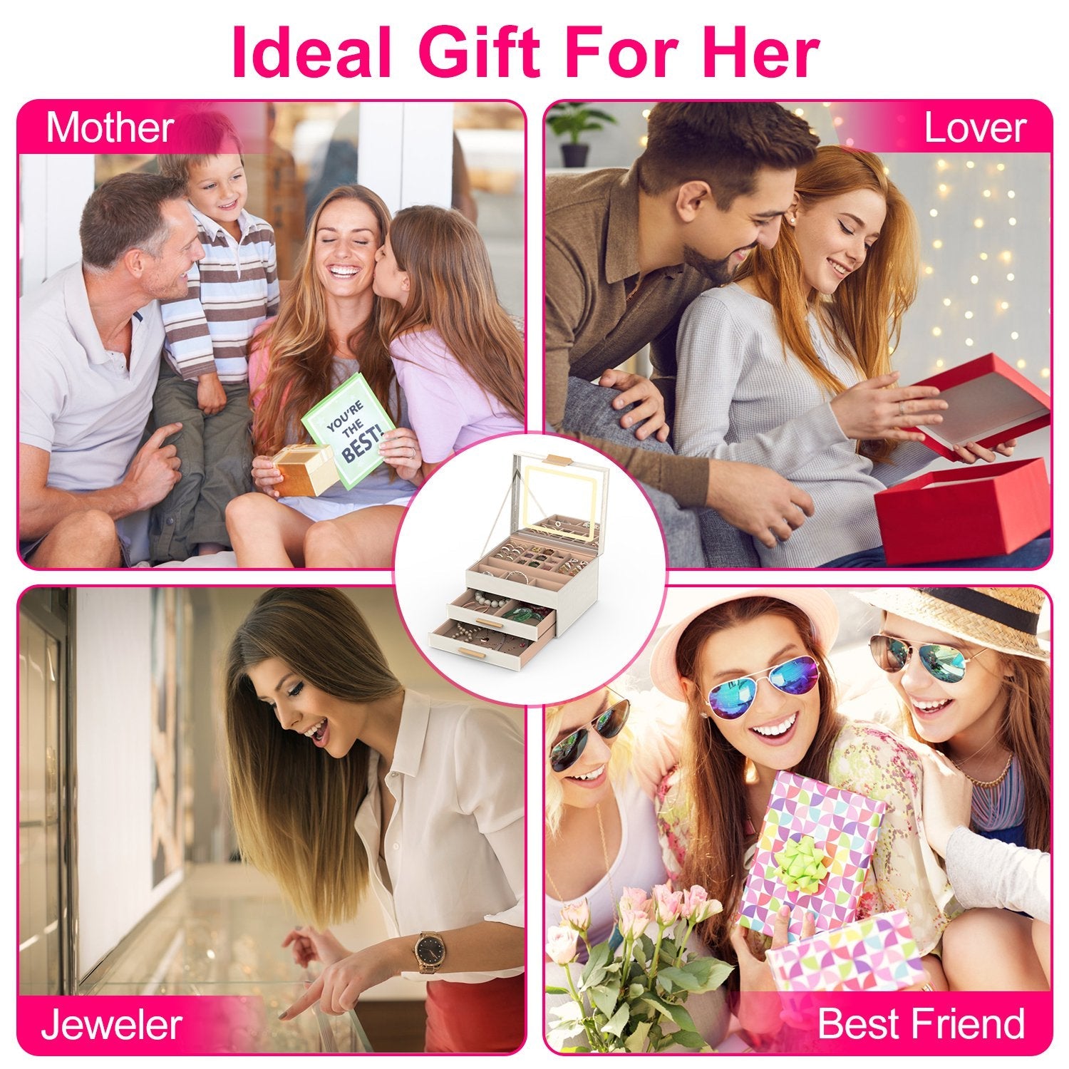 Set Boîte à Bijoux avec Miroir LED – Organisateur 3 Niveaux avec 2 Tiroirs, PU, Lumière Dimmable 3 Couleurs pour Boucles d’Oreilles, Bagues, Bracelets et Colliers Yiwu Ruijia Auto Supplies Co., Ltd.