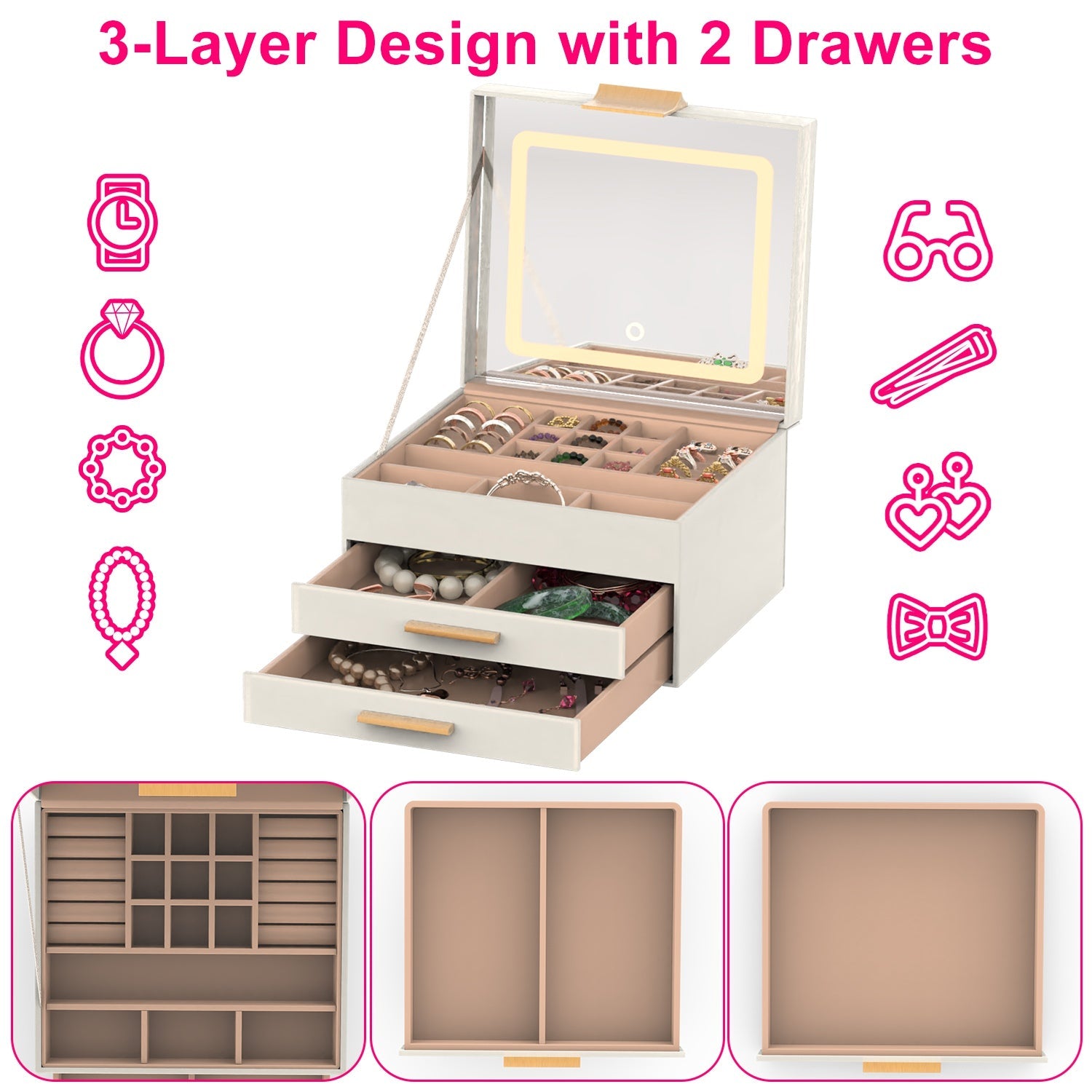 Set Boîte à Bijoux avec Miroir LED – Organisateur 3 Niveaux avec 2 Tiroirs, PU, Lumière Dimmable 3 Couleurs pour Boucles d’Oreilles, Bagues, Bracelets et Colliers Yiwu Ruijia Auto Supplies Co., Ltd.