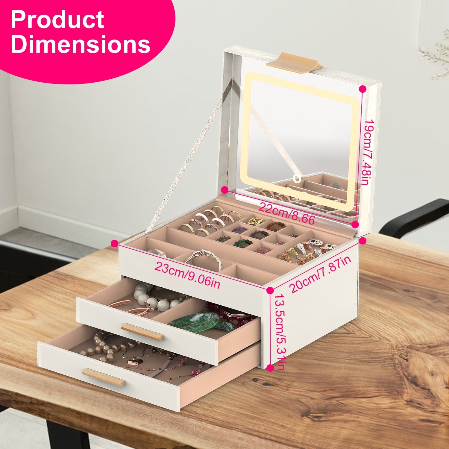 Set Boîte à Bijoux avec Miroir LED – Organisateur 3 Niveaux avec 2 Tiroirs, PU, Lumière Dimmable 3 Couleurs pour Boucles d’Oreilles, Bagues, Bracelets et Colliers Yiwu Ruijia Auto Supplies Co., Ltd.