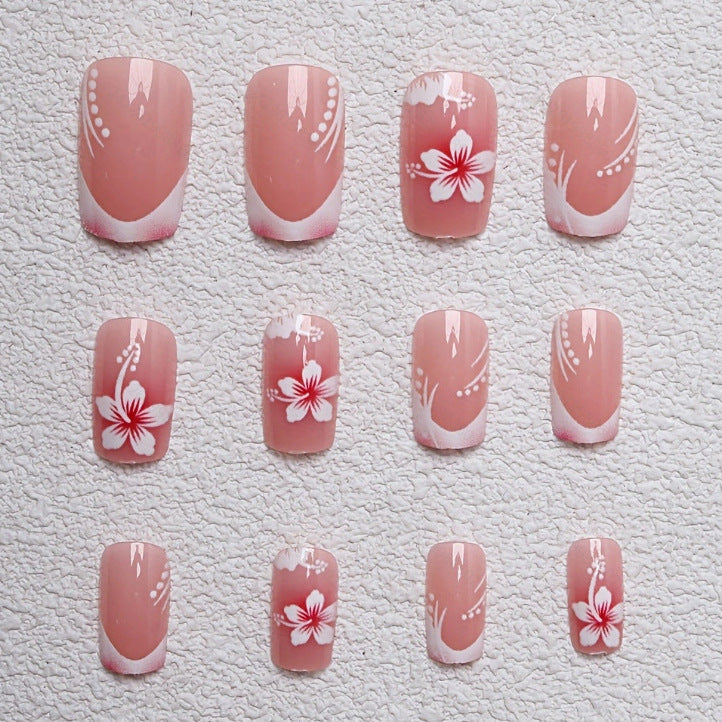 Set Faux Ongles Fleurs Blanches Halo Rouge – Dessin Animé &amp; Damier, Style Mignon 💅🌸✨ Yiwu Ruijia Auto Supplies Co., Ltd.