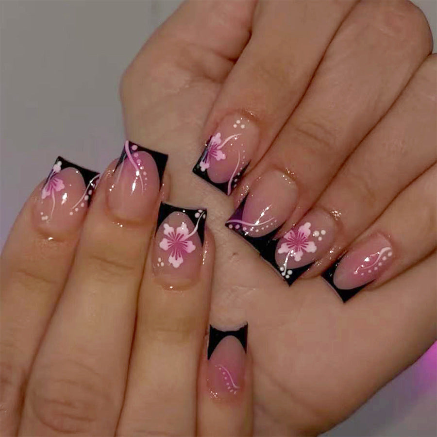 24 Faux Ongles Carrés Courts – Fleurs Noires Glossy, Style French Instagram 💅🖤✨ Yiwu Ruijia Auto Supplies Co., Ltd.