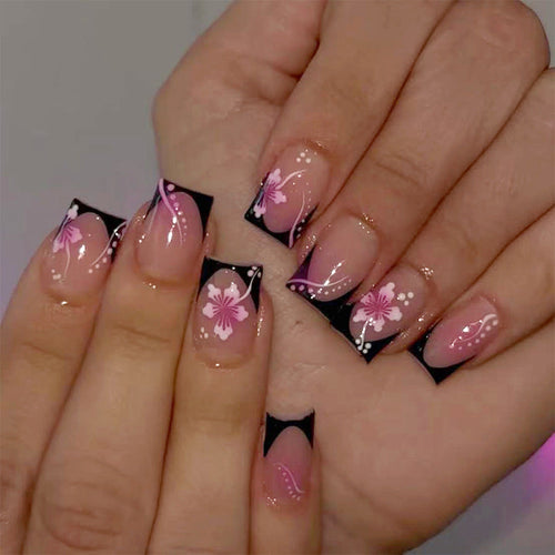 24 Faux Ongles Carrés Courts – Fleurs Noires Glossy, Style French Instagram 💅🖤✨ Yiwu Ruijia Auto Supplies Co., Ltd.