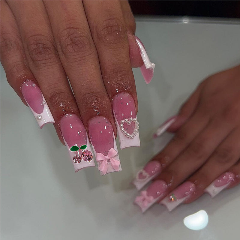 🎀🍒 Faux Ongles Motif Nœud & Cerise – Long Carré Élégant à Colle Yiwu Ruijia Auto Supplies Co., Ltd.