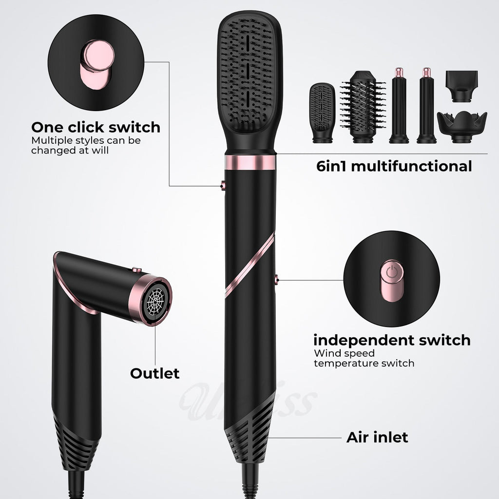 Brosse Soufflante 5 en 1 ou 6 en 1 – Séchage, Lissage &amp; Bouclage, Noir &amp; Or 💇♀️✨ Yiwu Ruijia Auto Supplies Co., Ltd.