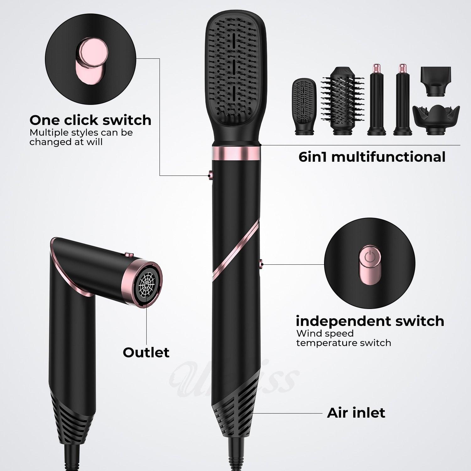Brosse Soufflante 5 en 1 ou 6 en 1 – Séchage, Lissage &amp; Bouclage, Noir &amp; Or 💇♀️✨ Yiwu Ruijia Auto Supplies Co., Ltd.