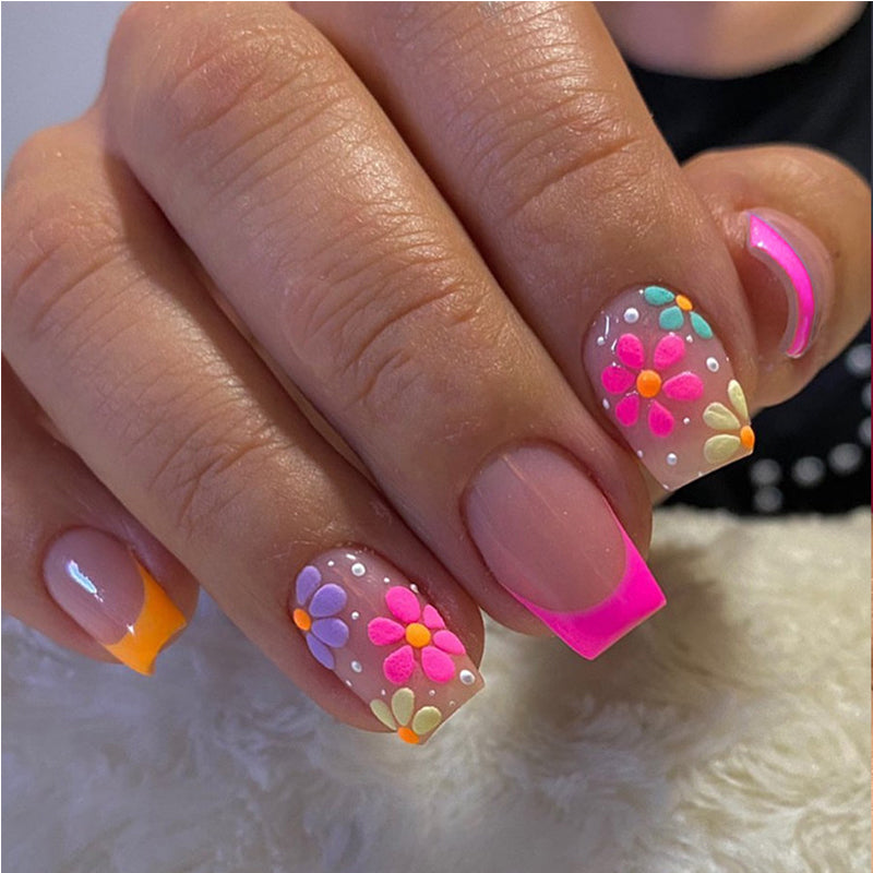 Kit de 24 Faux Ongles Carrés Courts – Motifs Floraux et French Manucure 💅 Yiwu Ruijia Auto Supplies Co., Ltd.