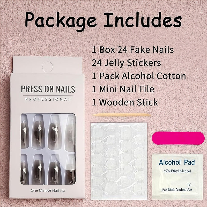Kit de 24 Faux Ongles Noirs et Argentés à Motif Étoiles – Longs, Épais et Bout Carré 🌟💅 Yiwu Ruijia Auto Supplies Co., Ltd.