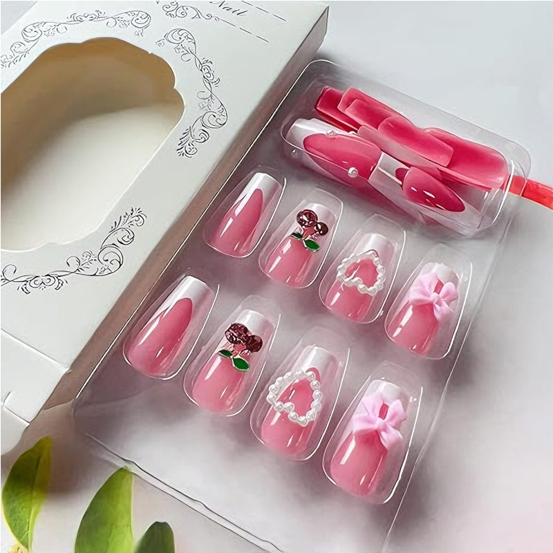 🎀🍒 Faux Ongles Motif Nœud & Cerise – Long Carré Élégant à Colle Yiwu Ruijia Auto Supplies Co., Ltd.