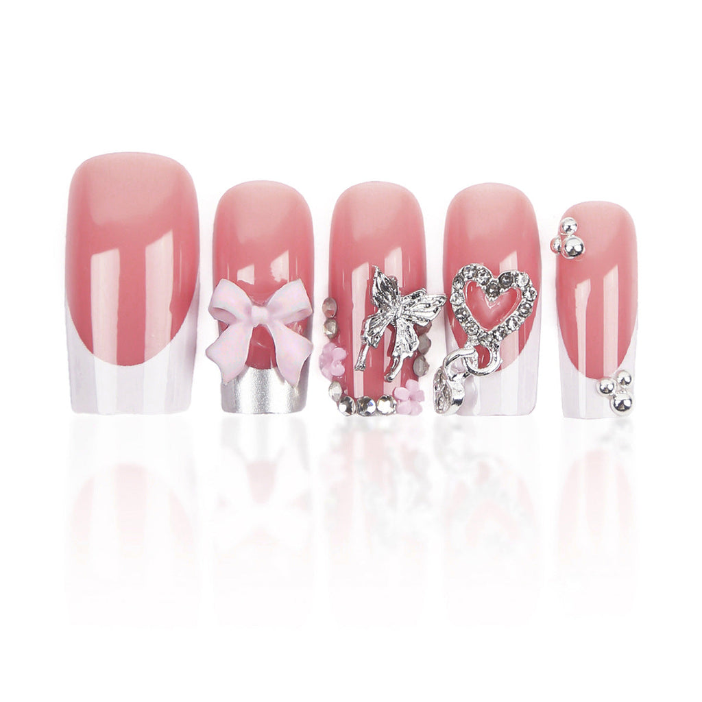 Set Faux Ongles French Cœurs, Nœuds &amp; Papillons – Colle Incluse, Style Sweet 💅🎀🦋✨ Yiwu Ruijia Auto Supplies Co., Ltd.