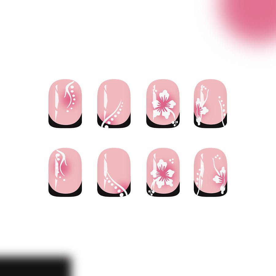 24 Faux Ongles Carrés Courts – Fleurs Noires Glossy, Style French Instagram 💅🖤✨ Yiwu Ruijia Auto Supplies Co., Ltd.