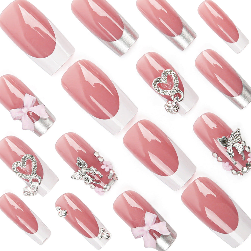 Set Faux Ongles French Cœurs, Nœuds &amp; Papillons – Colle Incluse, Style Sweet 💅🎀🦋✨ Yiwu Ruijia Auto Supplies Co., Ltd.