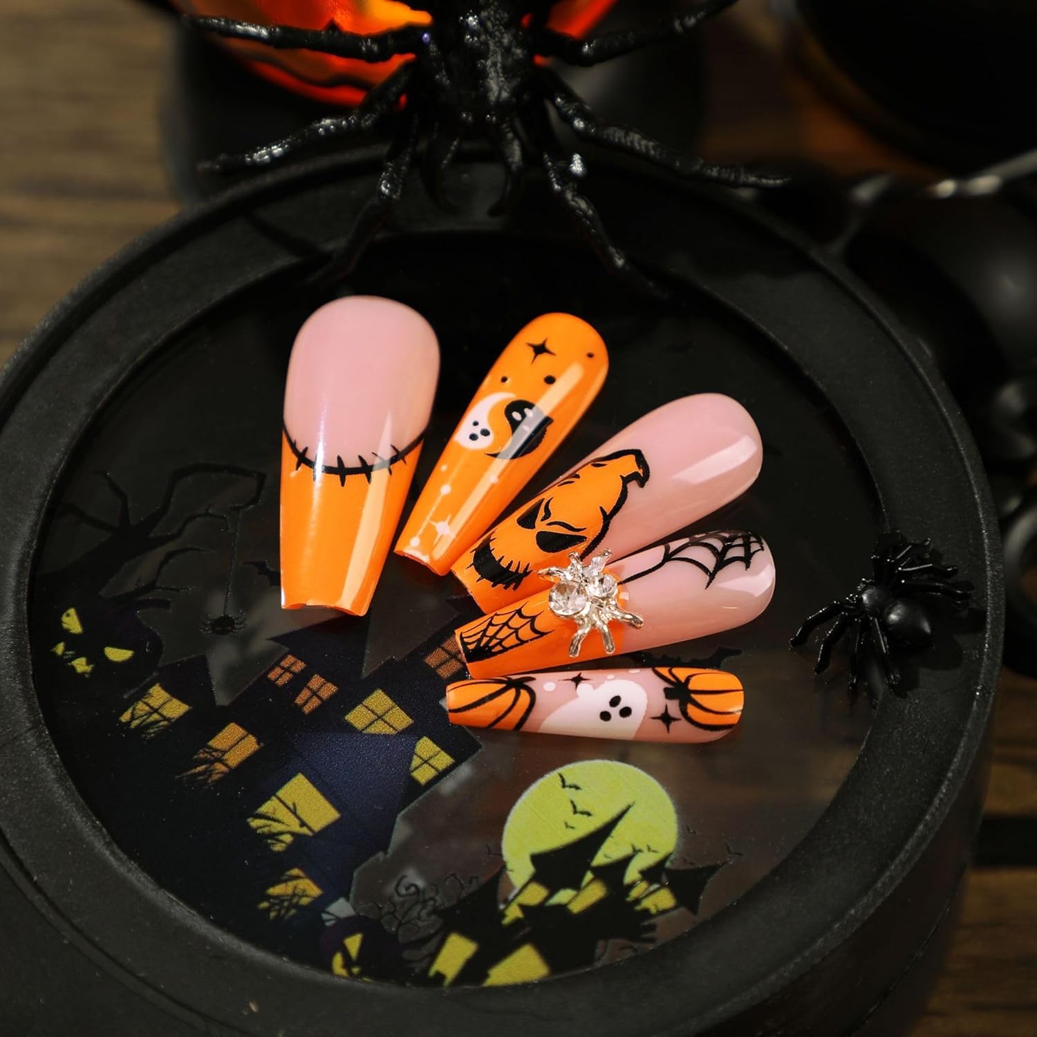 Kit de 24 Faux Ongles Halloween – Acrylique, Formes Amande, Ballerine, Citrouille, Chauve-Souris, Fantôme et Araignée 🎃👻🕷️ Yiwu Ruijia Auto Supplies Co., Ltd.