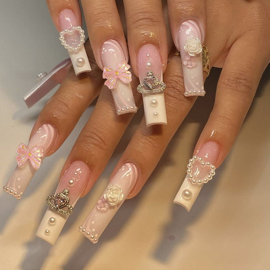 24 Faux Ongles Carrés Longs – Fleurs, Cœurs, Nœuds &amp; Étoiles, Style Ins Luxe 💅✨ Yiwu Ruijia Auto Supplies Co., Ltd.