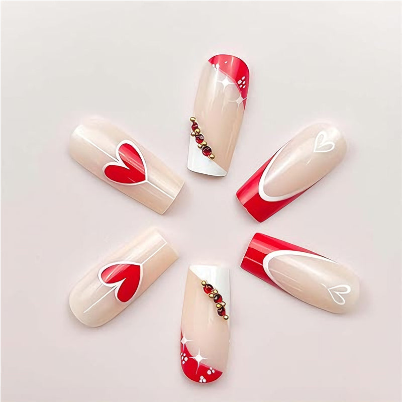 Kit de 24 Faux Ongles Rouges et Blancs en Forme de Cœur – Longs, Épais et Bout Carré ❤️💅 Yiwu Ruijia Auto Supplies Co., Ltd.