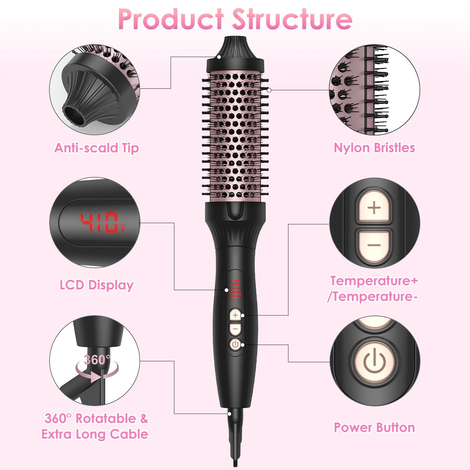 Brosse Thermique 3 en 1 – 10 Températures, Chauffage 30s &amp; Câble 360° Noir &amp; Or Rose 💇♀️✨ Yiwu Ruijia Auto Supplies Co., Ltd.