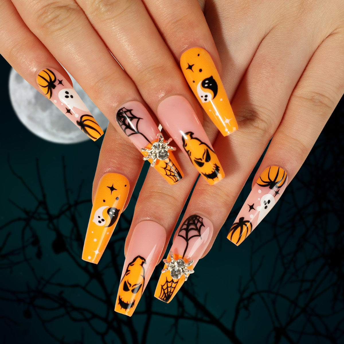 Kit de 24 Faux Ongles Halloween – Acrylique, Formes Amande, Ballerine, Citrouille, Chauve-Souris, Fantôme et Araignée 🎃👻🕷️ Yiwu Ruijia Auto Supplies Co., Ltd.